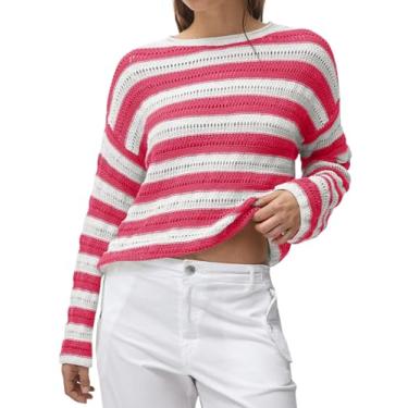 Imagem de Langwyqu Suéter feminino listrado de crochê gola redonda Color Block Suéter de manga comprida solto moderno leve, Vermelho rosa, XX-Large