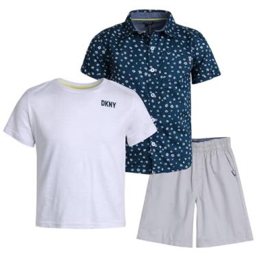 Imagem de DKNY Conjunto de shorts para meninos - 3 peças de manga curta com botão, camiseta e shorts - Conjunto de roupas de verão para meninos (2-7), Azul marinho, 4 Anos