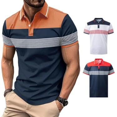 Imagem de 3 pçs/conjunto camisa polo masculina color block listrado manga curta lapela golfe camiseta casual gola V, Laranja + branco + vermelho, M