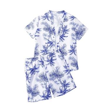 Imagem de BEAUDRM Conjunto de camiseta quimono de manga curta e gola alta com estampa tropical de 2 peças para meninos, Azul, 9Y