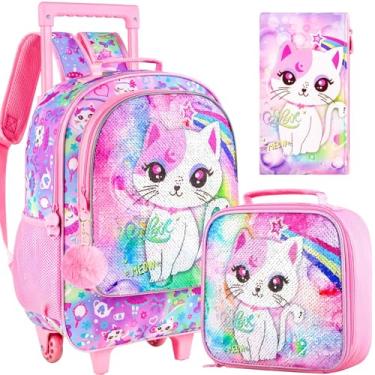 Imagem de UFNDC Mochila com rodinhas de 3 peças para meninas e meninos, mochila infantil com rodas de unicórnio e dinossauro, Gato rosa, One Size, Conjunto de mochila com rodinhas de gato rosa de 3 peças