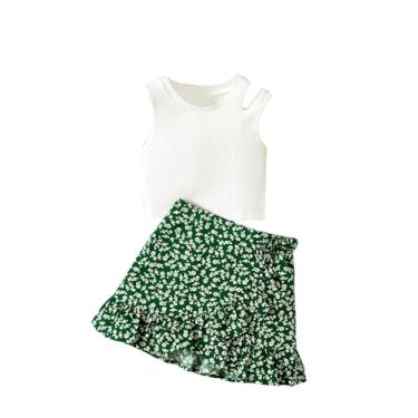 Imagem de SHENHE Conjunto de 2 peças de blusa regata de gola redonda e saia floral com babados, Branco e verde, 5Y