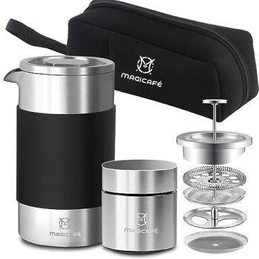 Imagem de MAGICAFÉ Conjunto de cafeteira French Press, prensa francesa portátil com mini recipiente de café e saco coletor, dose única 1 xícara pequena prensa de café de parede dupla de aço inoxidável 350 ml