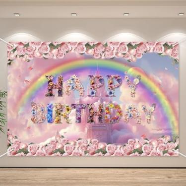 Imagem de Castelo de princesa flor feliz aniversário pano de fundo banner castelo real arco-íris rosa tema decoração de fundo para princesas meninas chá de bebê lembrancinhas de festa de aniversário suprimentos