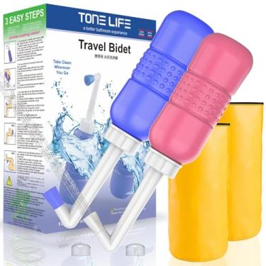 Imagem de 2 peças, bidés portáteis rosa + azul + tampa de vedação d'água - frasco periférico de 445 ml para cuidados pós-parto - kit de banho de viagem de bebê, frasco de bidé de viagem - bidé portátil de 450 ml para lágrimas de nascimento, hemorroidas, dor