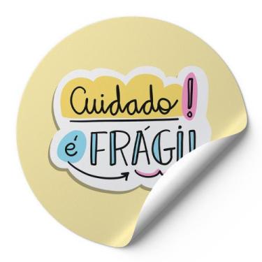 Imagem de 120 Etiquetas Auto Colante Adesivos Redondos Cuidado É Frágil Fundo Am