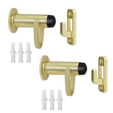 Imagem de HOMOTEK Pacote com 2 batentes de porta resistentes com gancho manual, batente de porta com amortecedor de borracha de amortecimento de som montado na parede, latão escovado