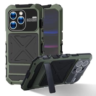 Imagem de Simicoo Compatível com iPhone 16 Pro Max Metal Bumper Militar Capa de Silicone Resistente Armadura de Metal Defender com Suporte Integrado Gorilla Glass Capa Completa à Prova de Poeira (Verde)