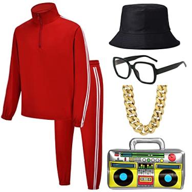 Imagem de ZeroShop Fantasias masculinas dos anos 80, roupas de treino dos anos 90, óculos de sol, chapéu de rapper, roupa hip hop, Vermelho, M