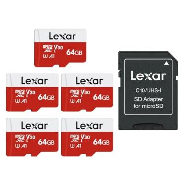 Imagem de Lexar Cartão micro SD de 64 GB E-Series, pacote com 5, cartão de memória flash microSDXC UHS-I com adaptador, 100 MB/s, C10, U3, A1, V30, Full HD, 4K UHD, cartão TF de alta velocidade