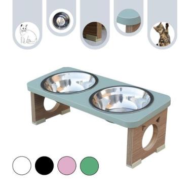 Imagem de Comedouro Gato Pet MDF Elevado Duplo Colors Verde - Inox - Maderacco