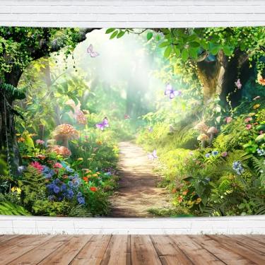 Imagem de Imirell Pano de fundo de fadas 17x13 cm A encantado floresta conto verde primavera borboleta flor cogumelo árvore planta folhas tecido poliéster aniversário fotografia fundos de fotos decoração