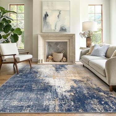 Imagem de GENIMO Tapetes laváveis para sala de estar, quarto, 20 x 25 cm, tapete antiderrapante moderno, abstrato, macio, contemporâneo, para sala de jantar, cozinha, azul marinho