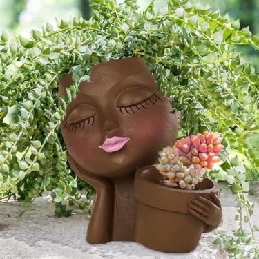 Imagem de Vaso de plantador facial, vasos de flores duplos em um com orifícios de drenagem para cactos suculentas, vaso de flores de rosto para plantas internas e externas, vasos de plantas de rosto feminino