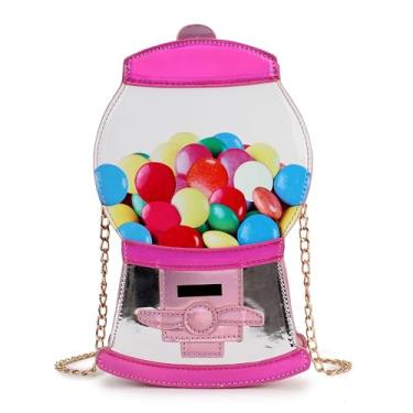 Imagem de ENJOININ Bolsa divertida para mulheres, bolsa tiracolo de corrente exclusiva para adolescentes com alça de ombro ajustável, Máquina de chiclete rosa, PINK