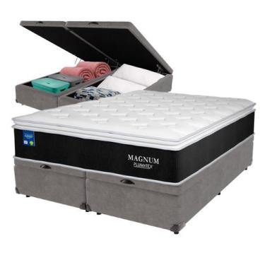 Imagem de Cama Box Baú Queen Cinza + Colchão Magnum Molas Ensacadas Plumatex