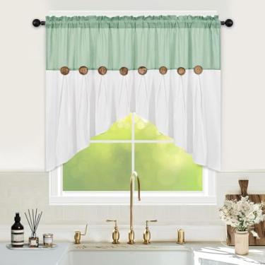 Imagem de FRAMICS Cortina Farmhouse Swag, cortina de saia de linho de algodão boho, saia de janela rústica verde sálvia para cozinha, banheiro, quarto, sanefas para janelas, 132 x 91 cm