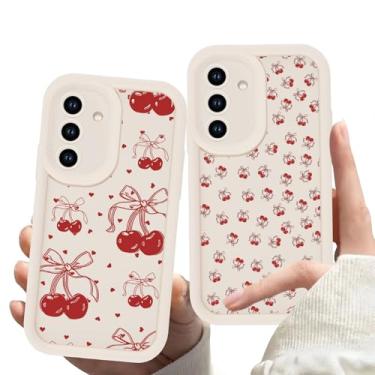 Imagem de Zrutru Pacote com 2 capas de telefone cereja para Samsung Galaxy S23 5G 6,1 polegadas, lindas capas estéticas com estampa de laço kawaii para meninas e mulheres, bege, macia, antiarranhões, proteção à
