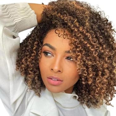 Imagem de Peruca Cacheada de cabelo 100% humano natural brasileiro cachos Afro com luzes mel marrom