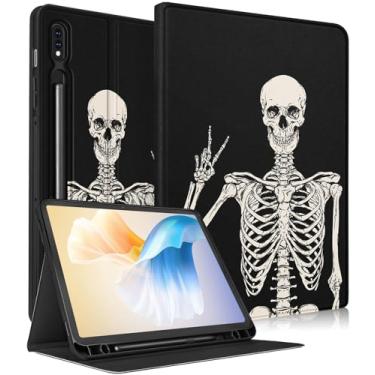 Imagem de Wazzasoft Capa para Samsung Galaxy Tab S8/Tab S7 2022/2020 Capa fólio fofa para mulheres meninas meninos e homens com suporte para lápis esqueleto caveira design gótico adolescente capas para tablet