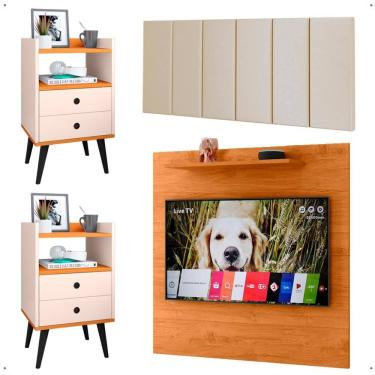 Imagem de Kit 2 Mesinhas Lateral Off White Painel Cinamomo Tv 32 Polegadas Prateleira Suspensa Cabeceira Cama Box Casal 1,40 Areia Suede - Lojas RPM