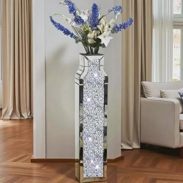 Imagem de Vaso de piso de 76 cm de altura, vasos espelhados de diamante triturado de dupla face, vaso de flores grande para decoração de casa, vidro espelhado decorativo para sala de estar, escritório, centro