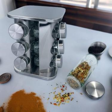 Imagem de Porta Temperos Giratório e Condimentos de Vidro Tempero Giratório Inox 12 Potes Especiarias Cozinha com Suporte Giratório Redondo, 12 Potes de Vidro com Base em Aço Inox