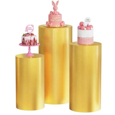 Imagem de Putros Capas de pedestal cilíndrico douradas, 3 peças, elastano, cobertura de pano elástico bronzeador para festas, casamentos, decoração de eventos
