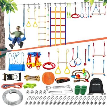 Imagem de SZHTMZXC 2 x 65FT Ninja Warrior Obstacle Course for Kids Backyard Outdoor, 500 Lbs Stainless Steel Rope, Ninja Bottom Slackline, Monkey Bars, Climbing Net, Swing (65FT 14Pcs Ratchet Bottom Rope)