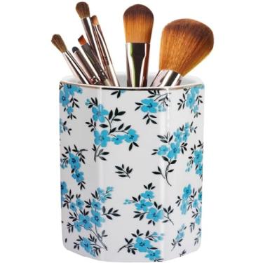 Imagem de LEAZUL Porta-canetas, porta-pincéis de maquiagem de cerâmica brilhante dourado com estampa floral, copo para meninas, crianças, mulheres, durável, organizador de mesa, presente para escritório, sala