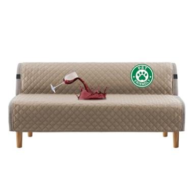 Imagem de Capa de futon 100% à prova d'água Turquoize, lavável, sem braços, para sofá-cama, com largura de até 178 cm, com alça elástica ajustável, antiderrapante para cães, cáqui