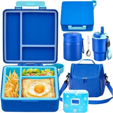 Imagem de Pawtong Conjunto de lancheira com recipiente Bento, garrafa térmica de aço inoxidável de 500 ml, garrafa de água infantil e lancheira isolada portátil – à prova de vazamento, retenção de quente/frio