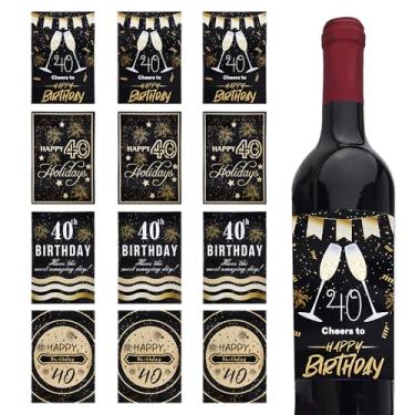 Imagem de Adesivos de feliz aniversário de 40 anos para garrafas de vinho, decoração de lembrancinha de festa de 40 anos para adultos, mulheres, homens, preto e dourado, etiquetas de garrafas de água de vinho