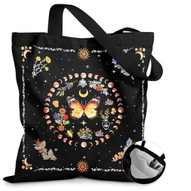 Imagem de Miss Adola Sacola de lona feminina - Sacola de lona estética com bolsos, design fofo e engraçado, bolsa de ombro de pano reutilizável para compras diárias e trabalho, casual, borboleta preta e lua