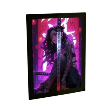 Imagem de Quadro Decorativo Anime Garota Samurai Ilustração Katana Kanjis Decoração Poster Quarto Sala