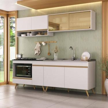Imagem de Armário De Cozinha Modulada Compacta 225cm Com Balcão Para Cooktop Veneza Multimóveis Mp2265 Branco/dourado