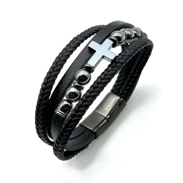 Imagem de RISE SU MISURA Pulseira de couro cruzada, joia de pulseira, fivela de aço inoxidável, presente para homens/mulheres, adequada para usar em vários festivais, eventos religiosos e cenas, 21 cm (8,3