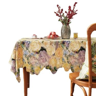 Imagem de auons Toalha de mesa vintage com pintura a óleo com estampa de flores para mesas retangulares, capa de mesa de linho de algodão à prova d'água para cozinha, banquete, casamento, festa, 140 x 182 cm