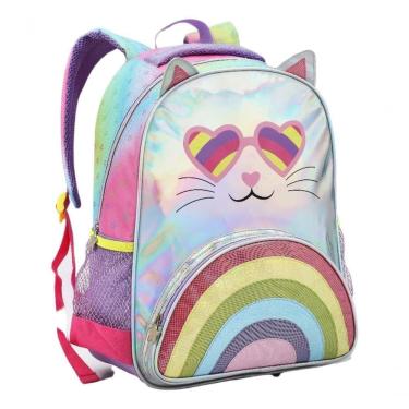 Imagem de Mochila Costas Infantil Escolar Feminina Gatinho Orelinha Menina Arco íris Rainbown Colorido