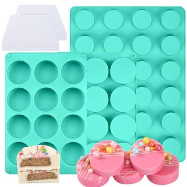 Imagem de AFINSEA Conjunto de 3 moldes de disco de bolo, 2 tamanhos diferentes de moldes de silicone para bolo cobertos de chocolate, 24 formas redondas de cavidade e 12 cavidades com 2 espátulas para núcleos