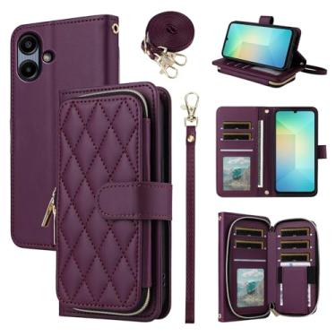 Imagem de Furiet Argyle Capa carteira para Samsung Galaxy A06 5G com alça de pulso/ombro, mais de 9 compartimentos para cartões, bolsa com zíper, capa de celular quadriculada de couro PU para mulheres Ao6 A 06