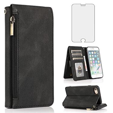 Imagem de Capa tipo carteira compatível com iPhone 7/8/SE 2020, protetor de tela de vidro temperado com zíper, suporte de cartão, capas de telefone para iPhoneSE2020, iPhone7, iPhone8, i7, i8, 7s, 8s, feminino, masculino, preto