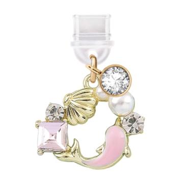 Imagem de ELISE & FONDA TP761 Tipo-C porta de carregamento antipoeira plugue cristal golfinho e concha pingente de telefone celular para iPhone 15/16/Samsung/OnePlus/Xiaomi/oppo telefones Android (rosa)