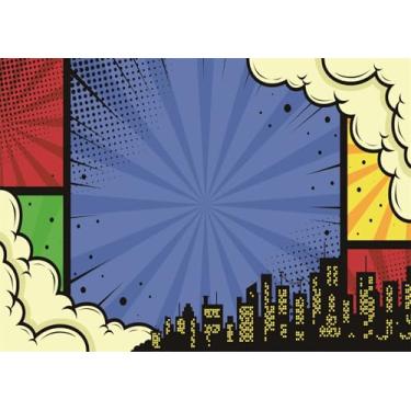 Imagem de SADFA Cenário de paisagem urbana de super-herói, 1,5 x 0,9 m, desenho animado colorido, cena da cidade, para decoração de festa de aniversário, adereços de sessão de fotos para chá de bebê