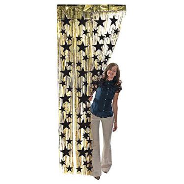 Imagem de Cortina de porta com franjas metálicas douradas com estrelas negras – Decoração de festa – 1 peça