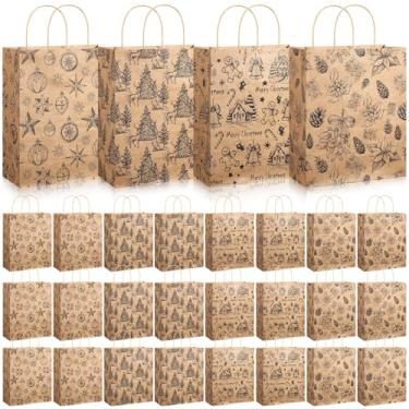 Imagem de Yexiya 24 peças de sacos de papel Kraft de Natal com alças 25 x 30 x 12 x 5 sacos de presente grandes vintage a granel 4 designs árvores de Natal veado bola de Natal Papai Noel conjunto grande para