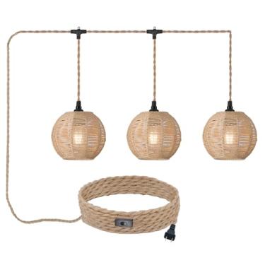 Imagem de ALAISLYC Luminária pendente de 3 luzes com interruptor liga/desliga de cabo, lâmpada pendurada em vime com 6,7 m, lustre de vime trançado à mão, luminárias de pendurar boho para quarto, cozinha