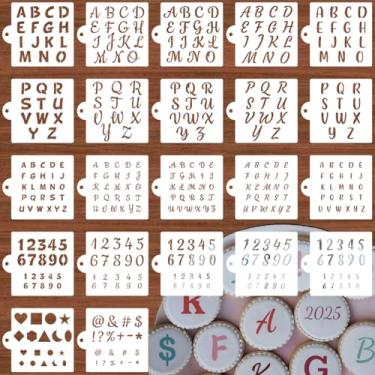 Imagem de Estêncis de letras do alfabeto para decoração de biscoitos – pacote com 22 modelos de números de letra para bolos, biscoitos, aerógrafos, reutilizáveis, cursivos para pintura de tecido de madeira