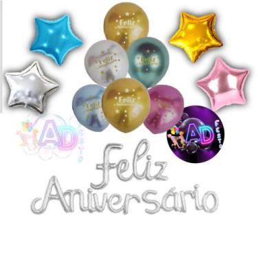 Imagem de Kit Feliz Aniversário + 10 Balões 11 Peças Metalizadas , Festa , Anive
