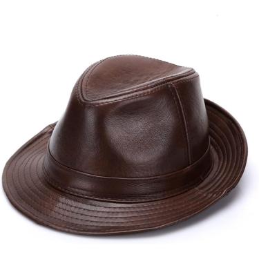 Imagem de Chapéus Fedoras Pretos Homens Couro Genuíno Retro Jazz Caps Cavalheiro Couro Real Luxo Clássico Feltro Trilby Chapéu, Dark brown, XL (57-58CM)